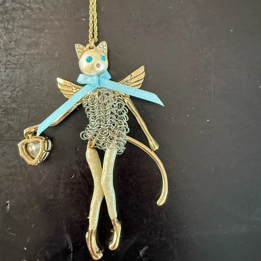Gold Cat Necklace with Blue Accents
